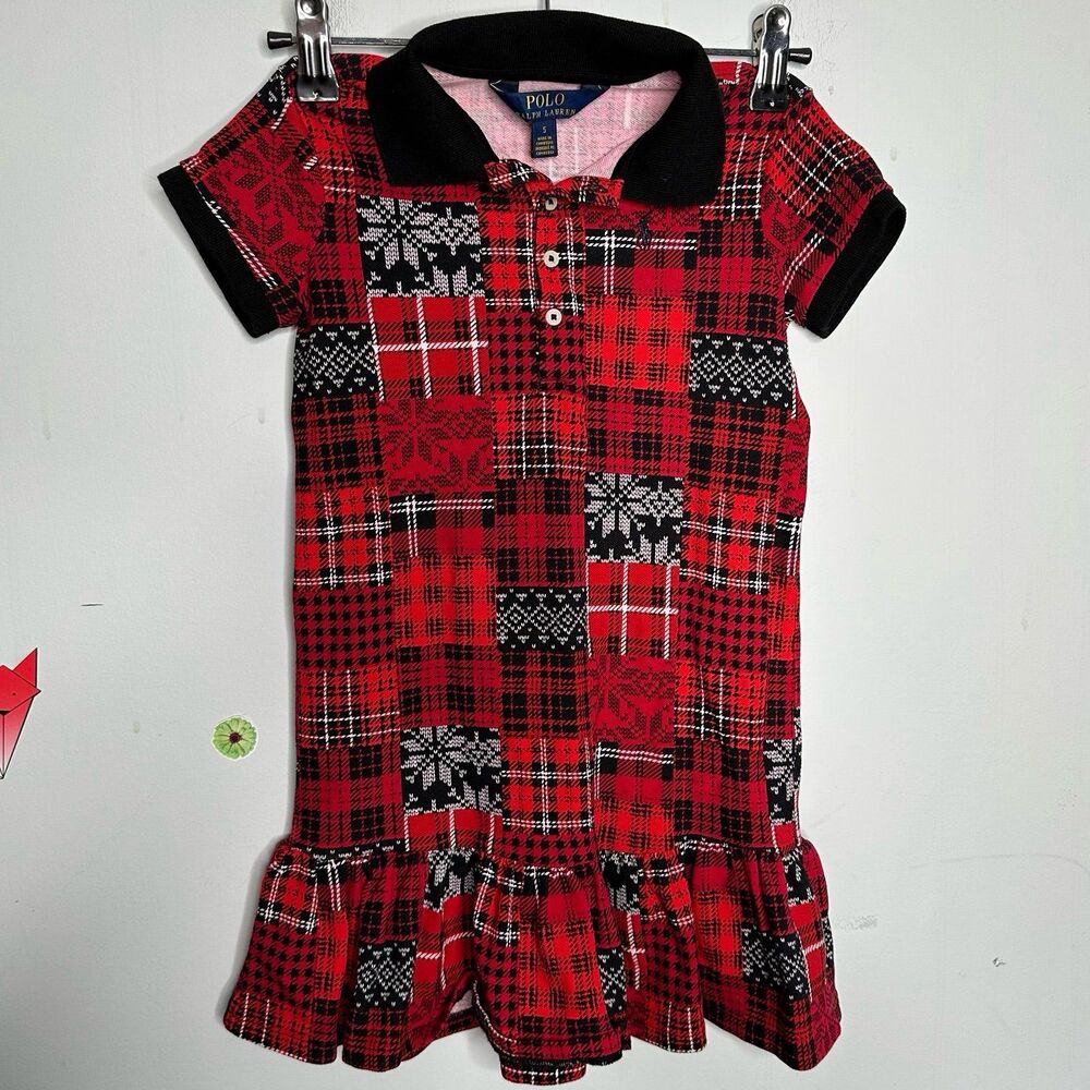 Polo Ralph Lauren Red Black White Winter Holiday Patchwork Print Dress Size 5
